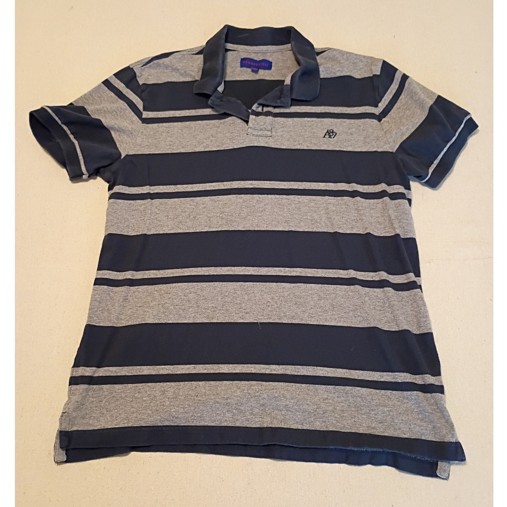 Aeropostale Mens Striped Polo Shirt‎ Large Navy Blue Grey A87 Logo Short Sleeve